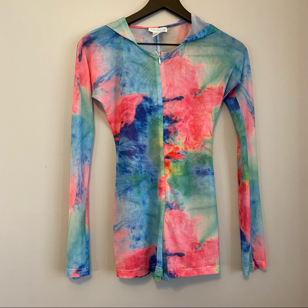 IHeartRaves Rainbow Tye Dye Hooded Sheer Mesh Zippered Bodysuit Romper Small